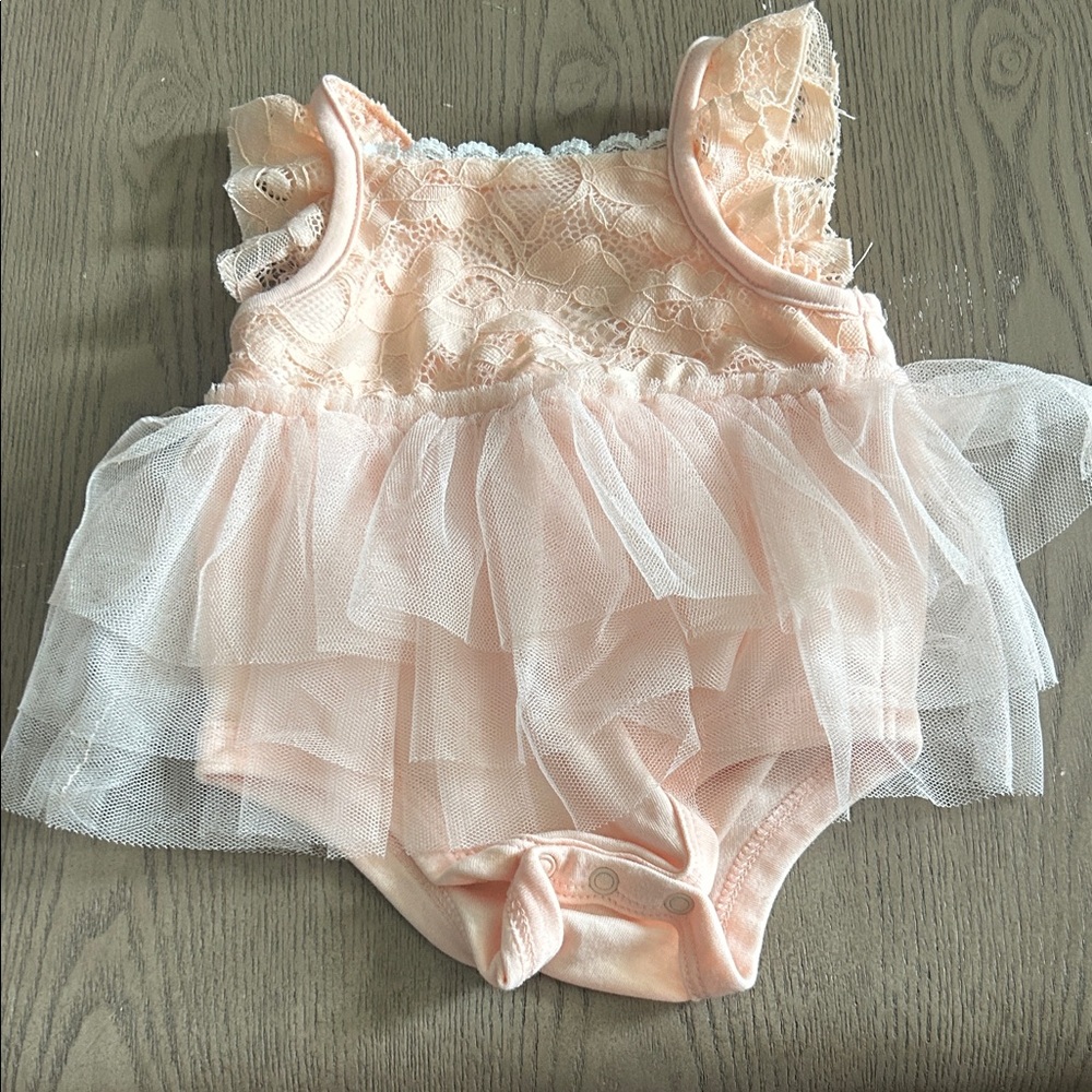 Peach Lace Baby Romper with Tulle Skirt
